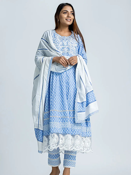 Blue Embroidered A-Line Block Print Cotton Suit