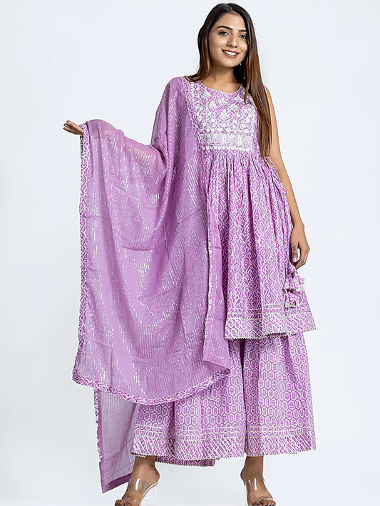 Purple Embroidered Sharara Batik Print Cotton Suit