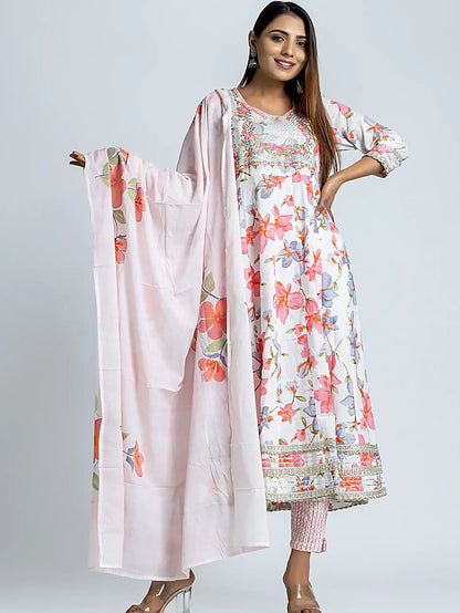 White Sequins Work Floral Anarkali Cotton Suit