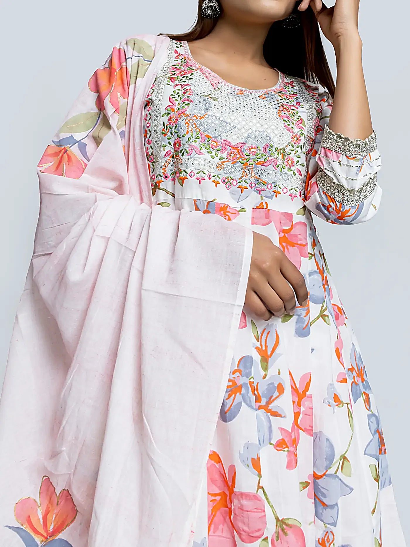 White Sequins Work Floral Anarkali Cotton Suit