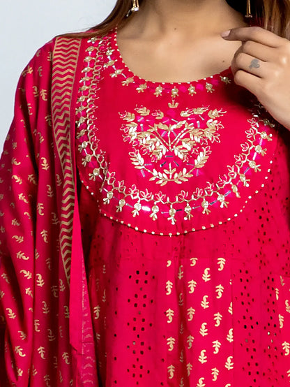 Magenta Embroidered Anarkali Block Print Cotton Suit