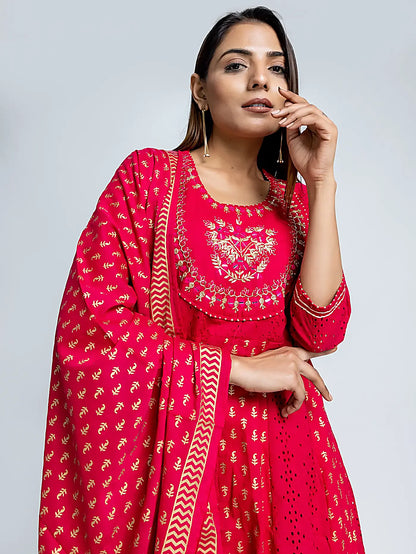 Magenta Embroidered Anarkali Block Print Cotton Suit