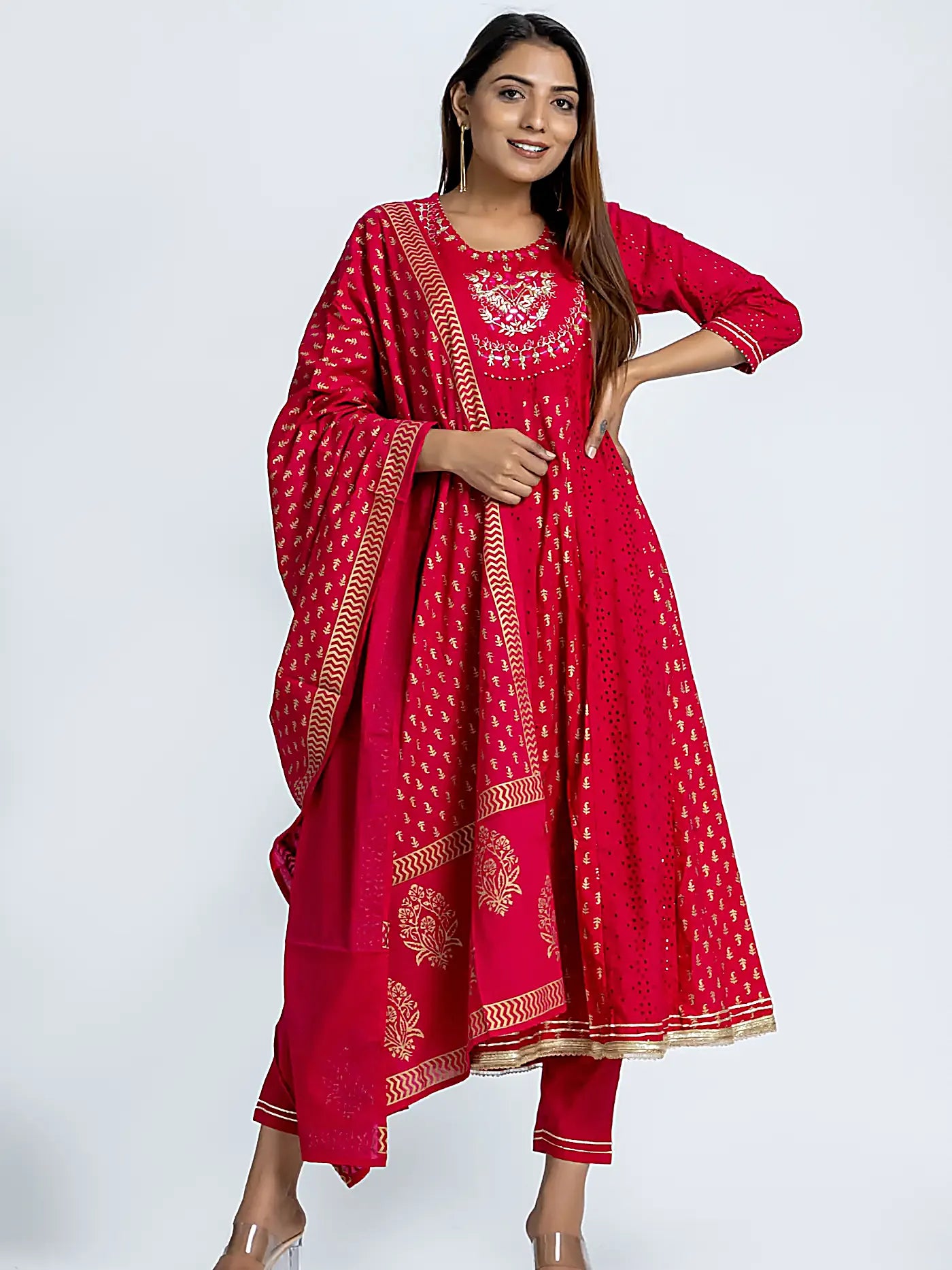 Magenta Embroidered Anarkali Block Print Cotton Suit