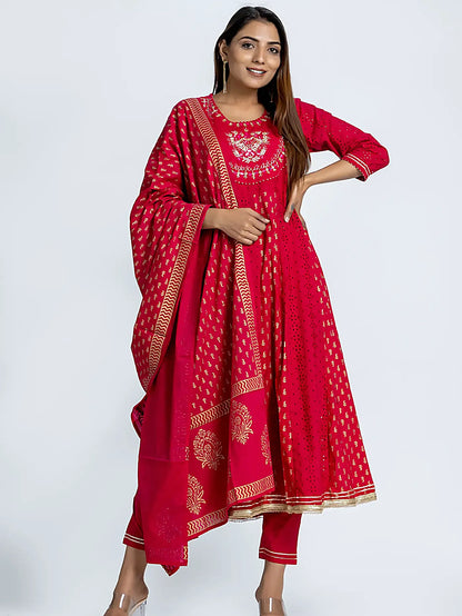 Magenta Embroidered Anarkali Block Print Cotton Suit