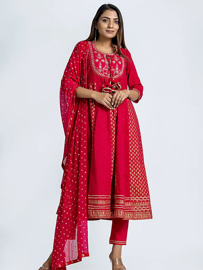 Red Embroidered Anarkali Block Print Cotton Suit