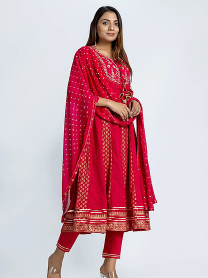 Red Embroidered Anarkali Block Print Cotton Suit