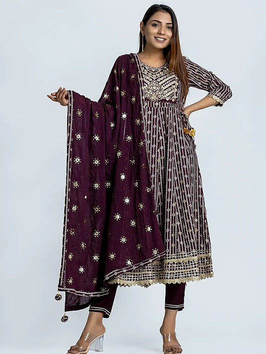 Wine Embroidered Anarkali Bandhani Rayon Suit