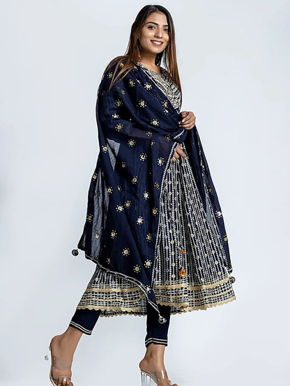 Black Embroidered Anarkali Bandhani Rayon Suit