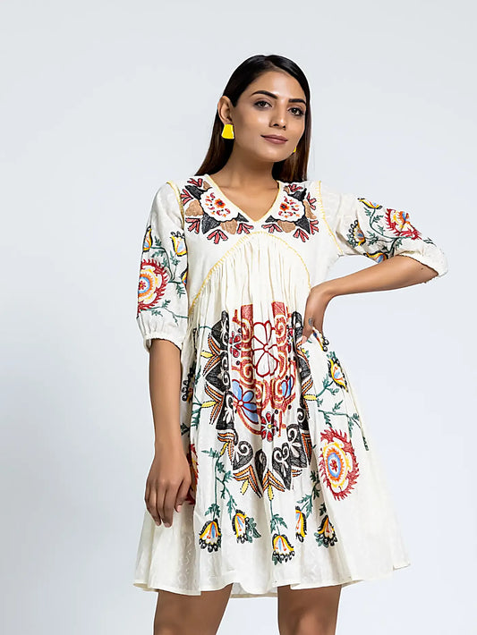 Off White Embroidered Cotton Dress