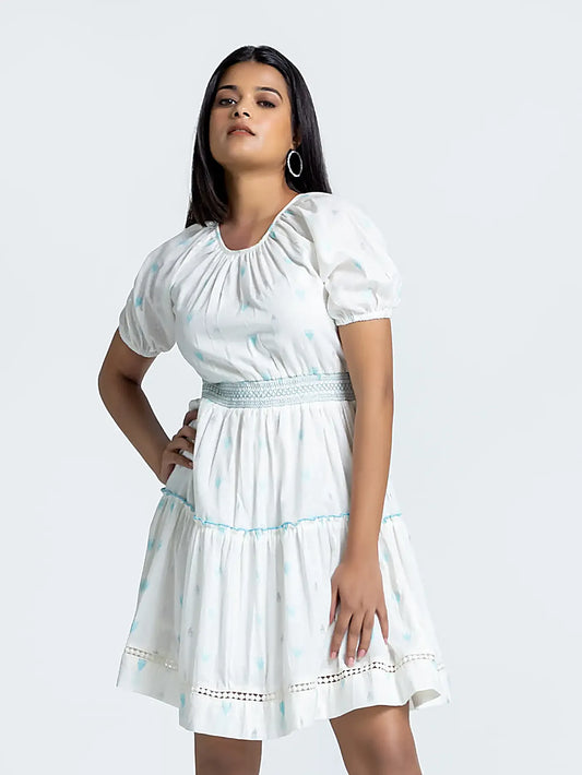 White Self Design Blue Thread Cotton Dress