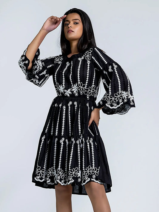 Black Embroidered Bell Sleeves Cotton Short Dress