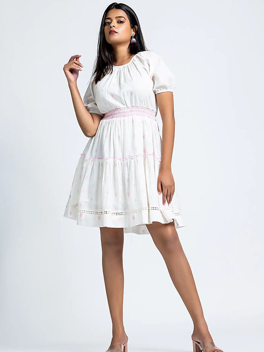 White Self Design Pink Thread Cotton Short Dress