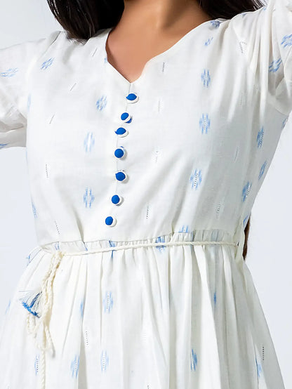 White Self Design Blue Thread Cotton Dress