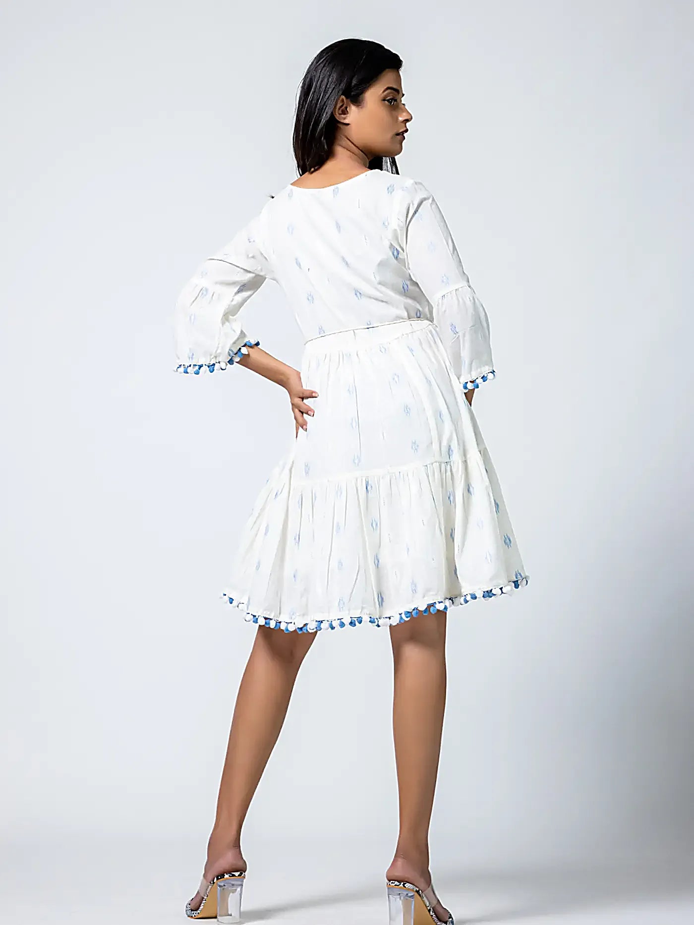 White Self Design Blue Thread Cotton Dress