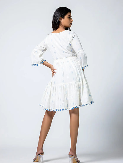 White Self Design Blue Thread Cotton Dress