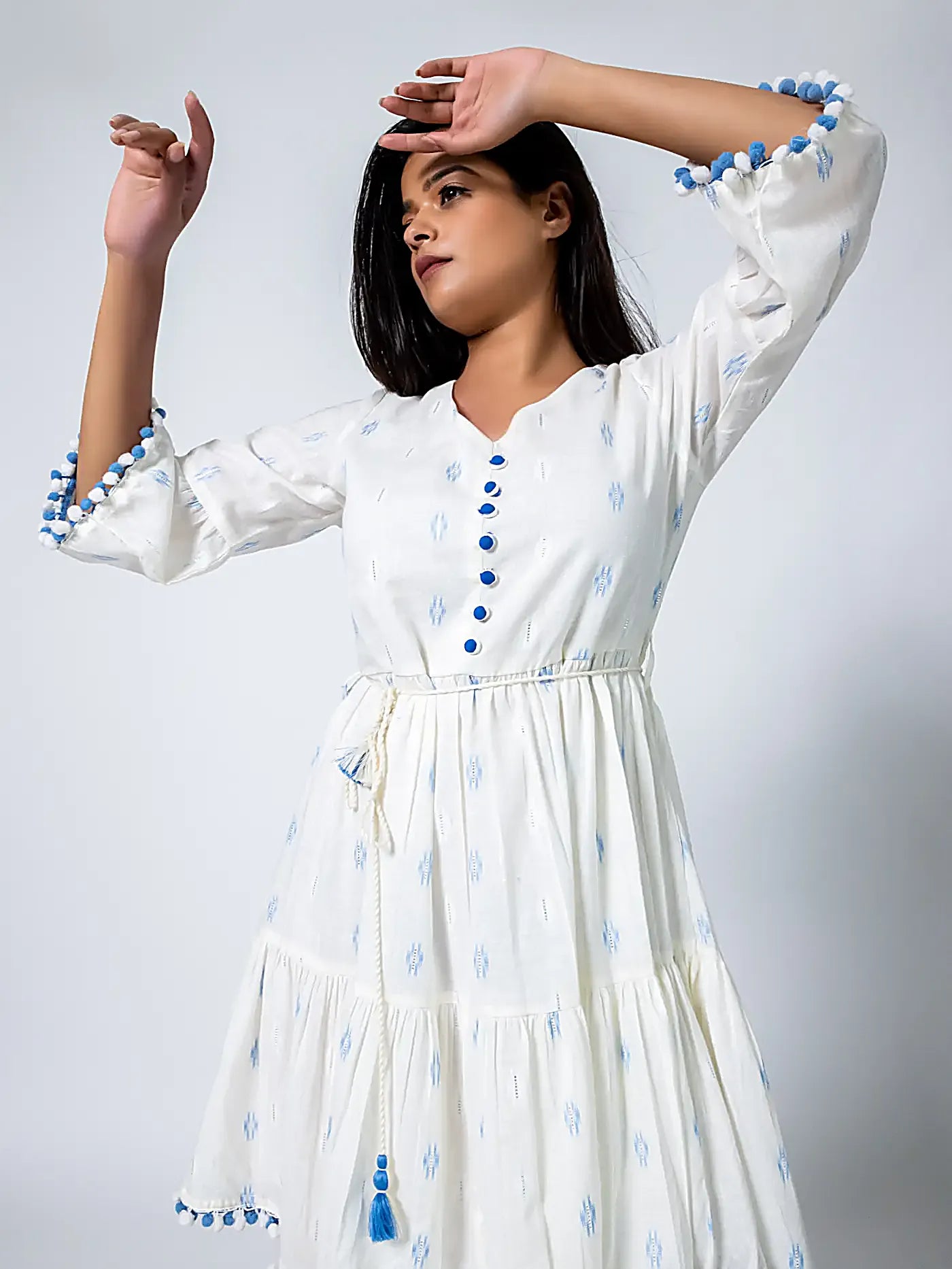 White Self Design Blue Thread Cotton Dress