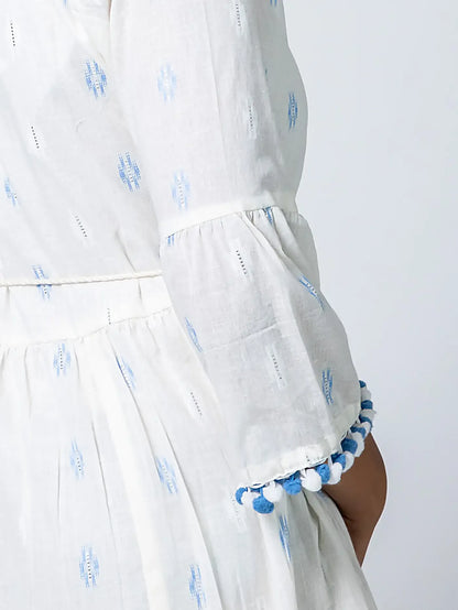 White Self Design Blue Thread Cotton Dress