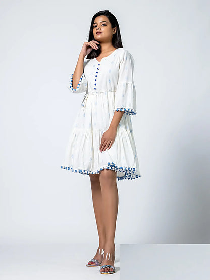 White Self Design Blue Thread Cotton Dress