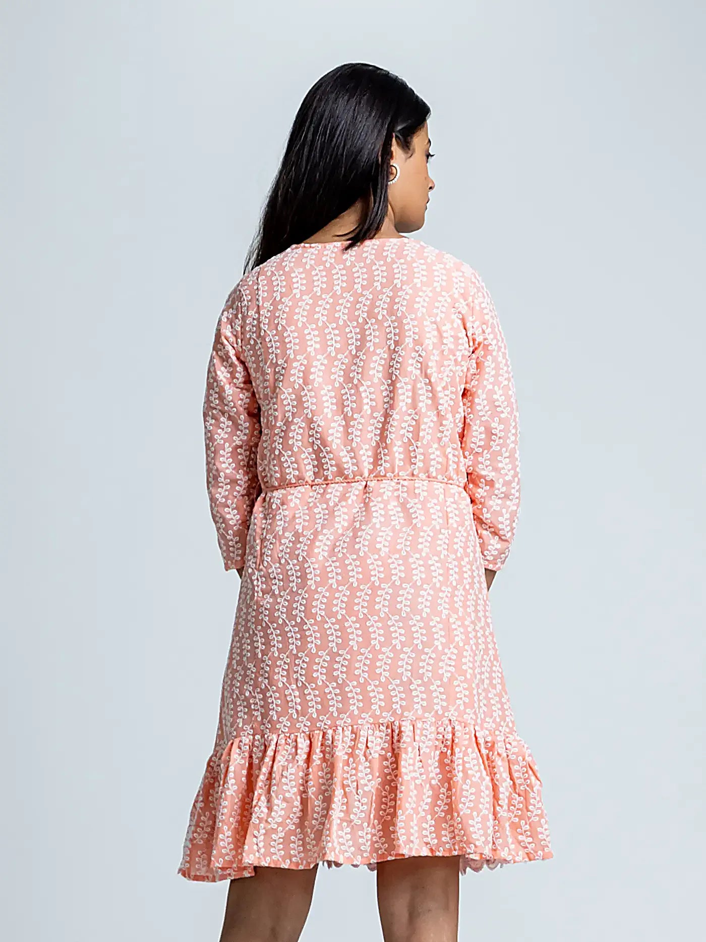 Peach Embroidered Cotton Short Dress