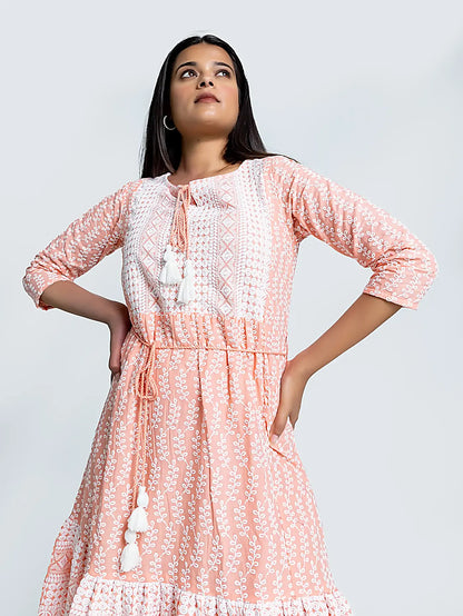 Peach Embroidered Cotton Short Dress