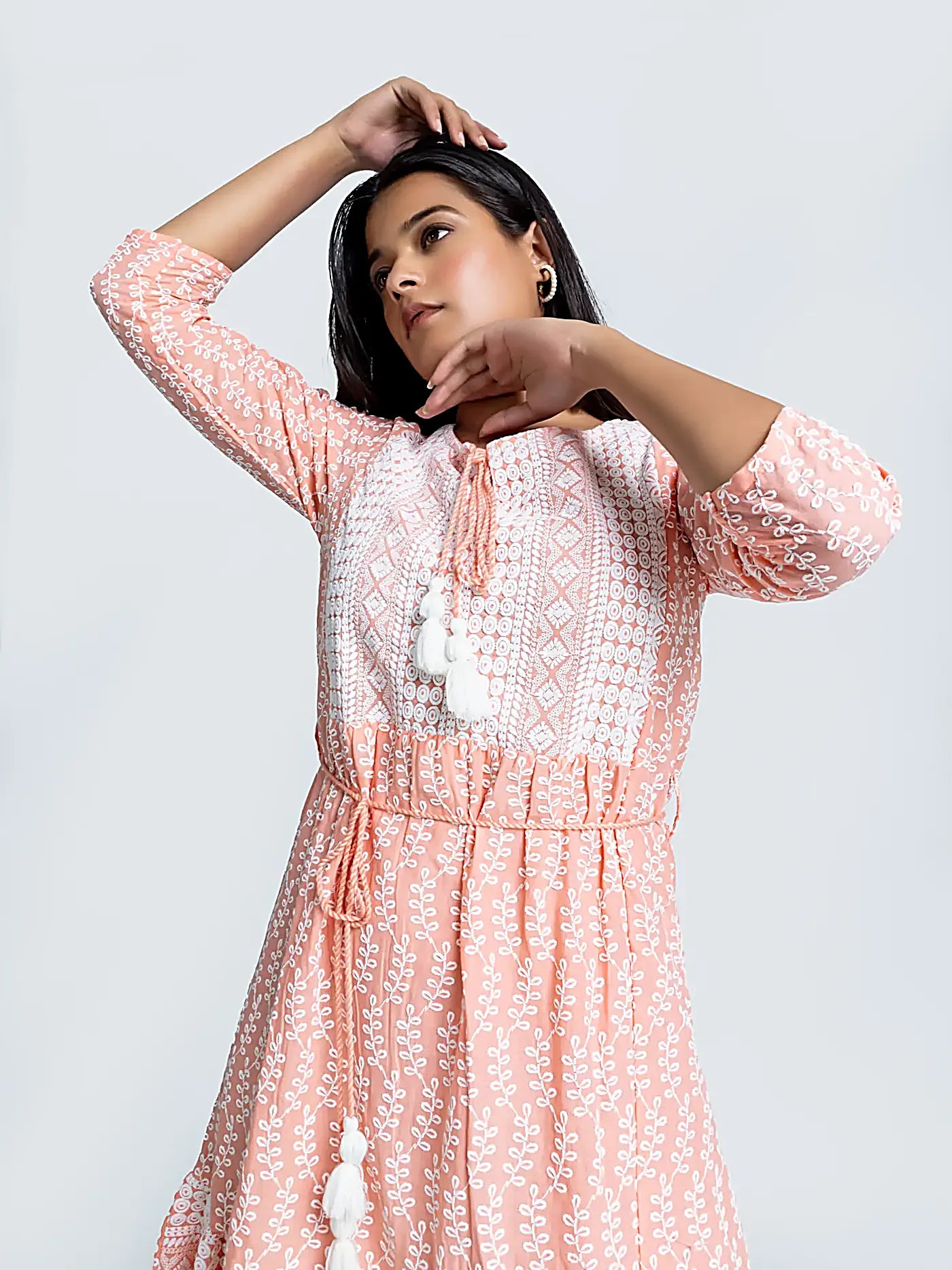 Peach Embroidered Cotton Short Dress