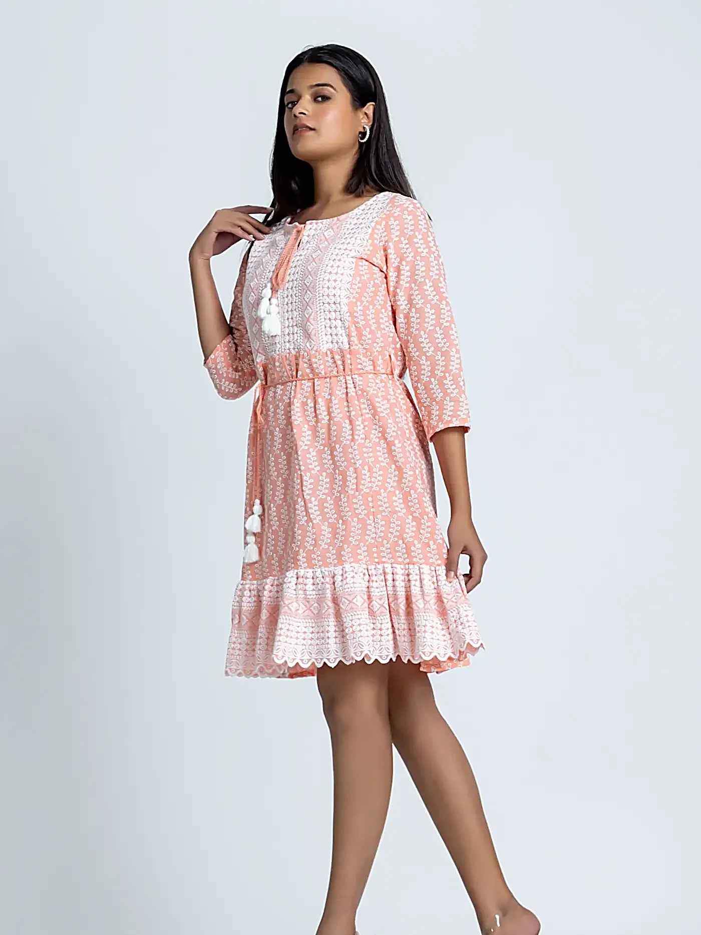 Peach Embroidered Cotton Short Dress