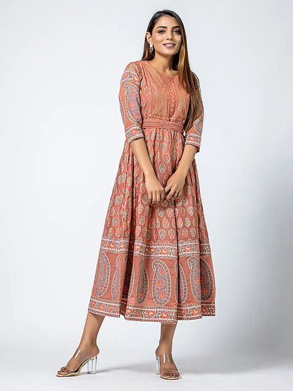 Pink Embroidered Floral Cotton Long Dress