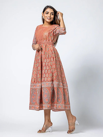 Pink Embroidered Floral Cotton Long Dress