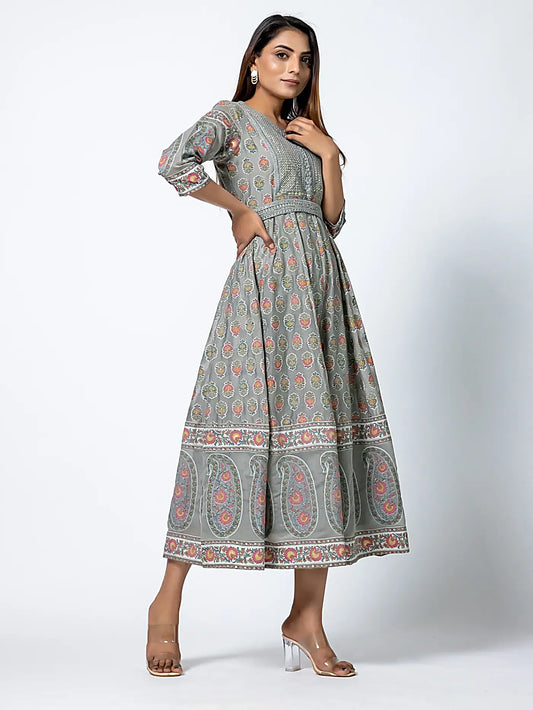 Grey Embroidered Floral Cotton Long Dress