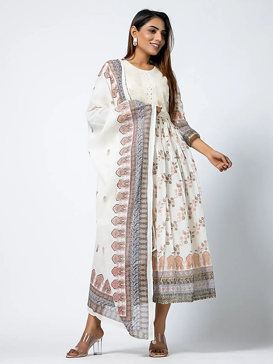 White Embroidered Floral Cotton Long Midi Dress