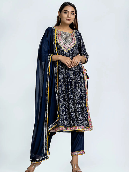Blue Bandhani Embroidered Nyra Muslin Suit