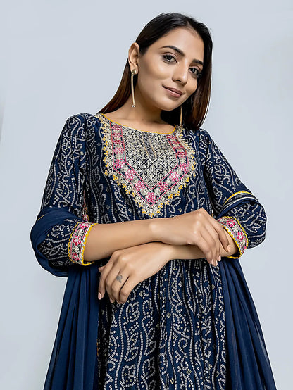 Blue Bandhani Embroidered Nyra Muslin Suit