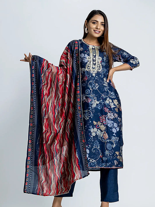 Blue Floral Gota Patti Straight Muslin Suit