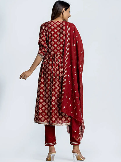 Red Bandhani Print Embroidered Nyra Muslin Suit