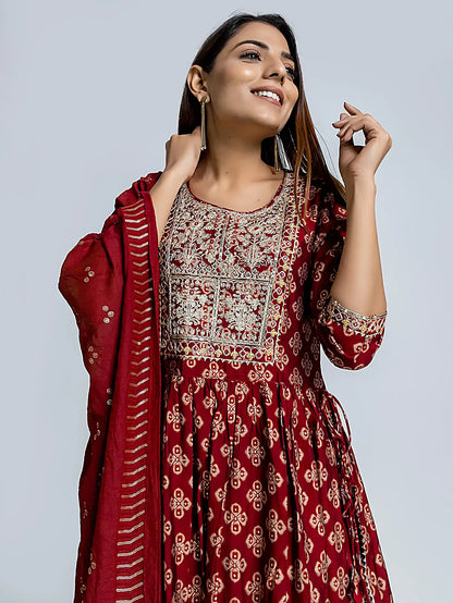 Red Bandhani Print Embroidered Nyra Muslin Suit