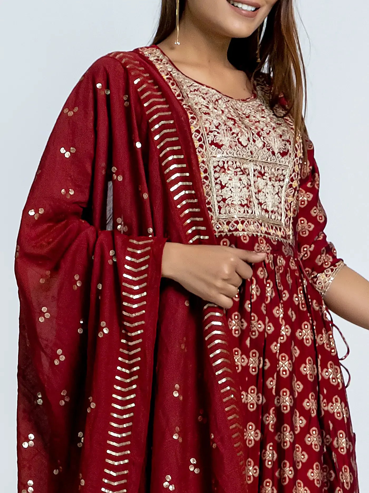 Red Bandhani Print Embroidered Nyra Muslin Suit