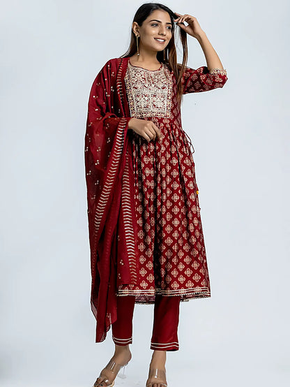 Red Bandhani Print Embroidered Nyra Muslin Suit