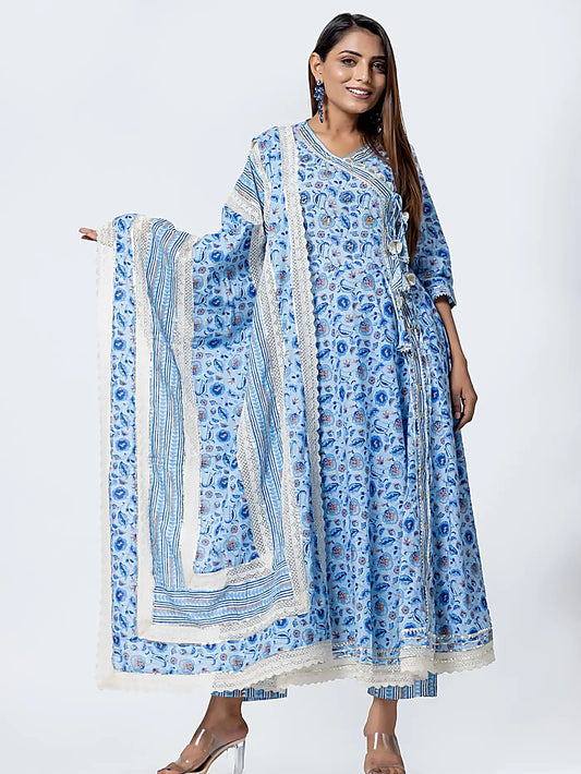 Blue Floral Gota Patti Angrakha Cotton Suit