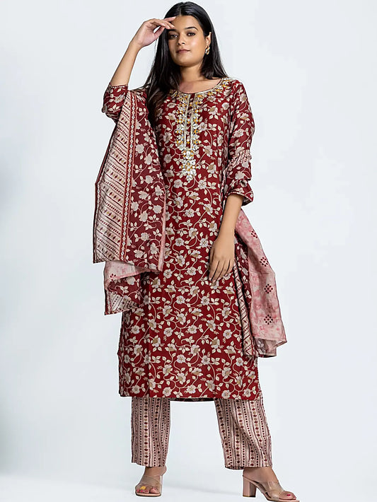 Maroon Floral Leather work Muslin Suit