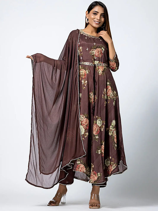 Brown Floral Gota Patti A-Line Muslin Designer Suit