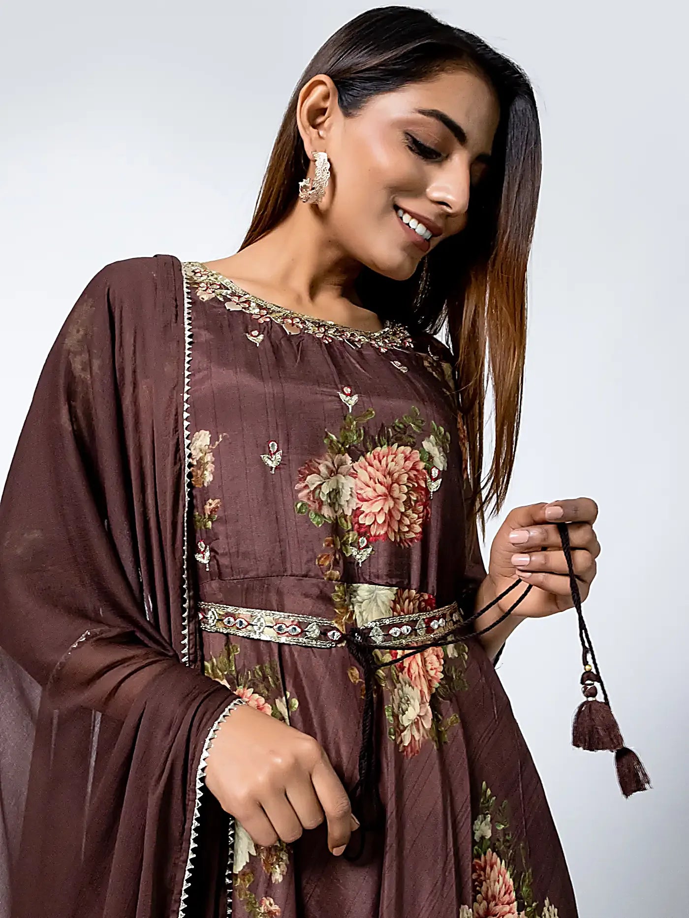 Brown Floral Gota Patti A-Line Muslin Designer Suit