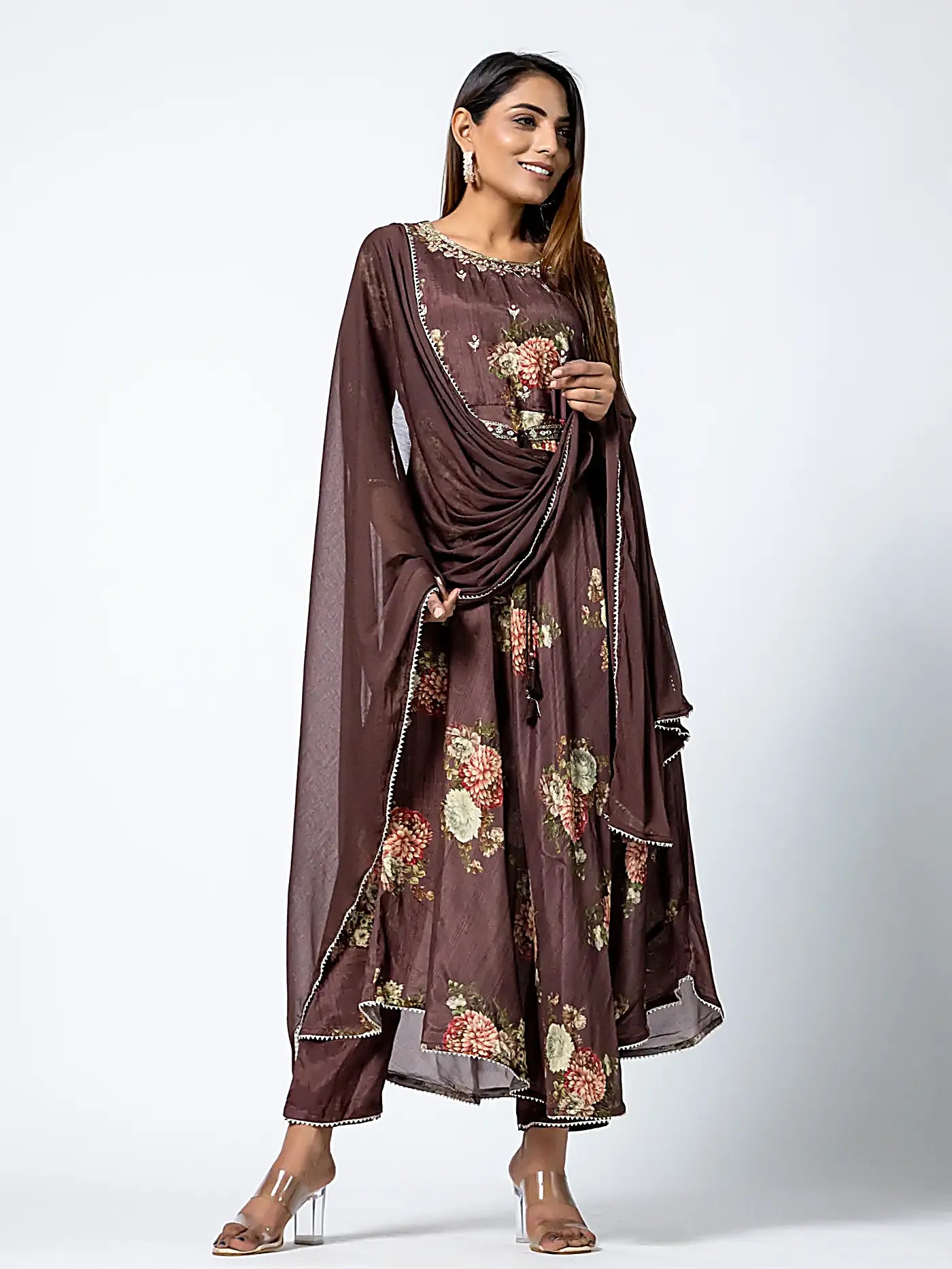 Brown Floral Gota Patti A-Line Muslin Designer Suit