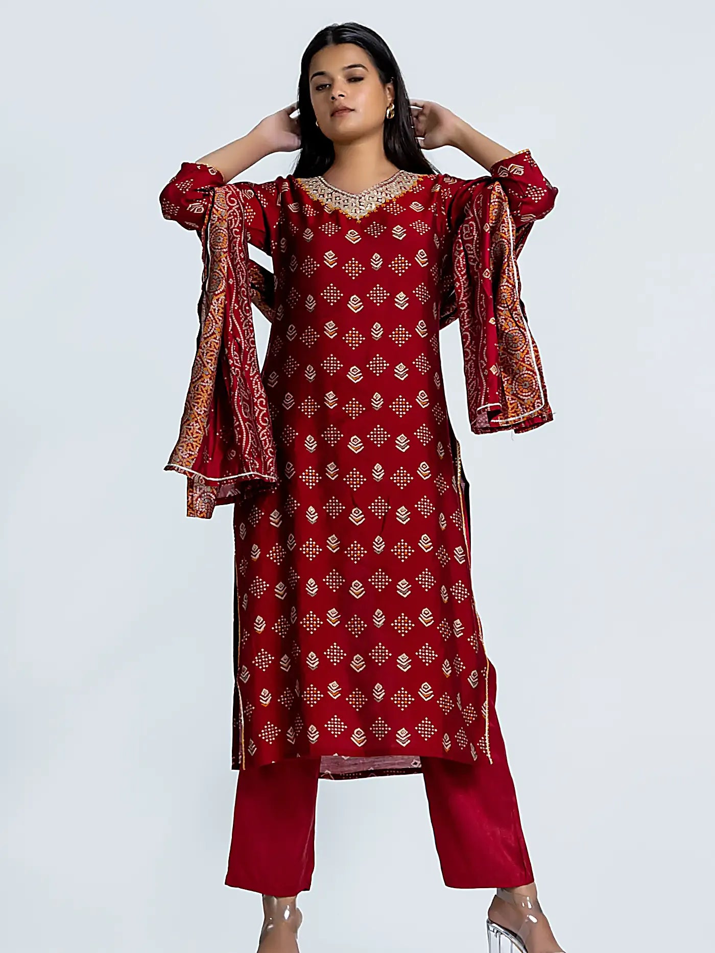 Nayasi Womens Red Cotton Blend Printed Salwar Suit Set With Dupatta  (NYS-DMPAL-RED-S) : Amazon.in: Fashion