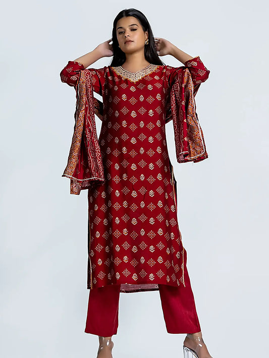 Maroon Block Print Gota Patti Muslin Suit