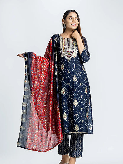 Blue Self Design Embroidered Muslin Suit