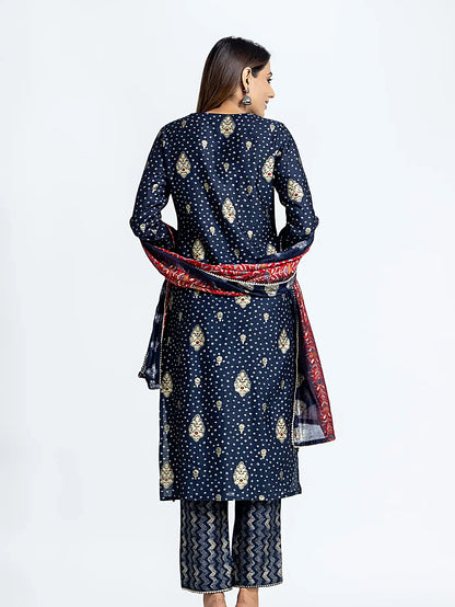 Blue Self Design Embroidered Muslin Suit