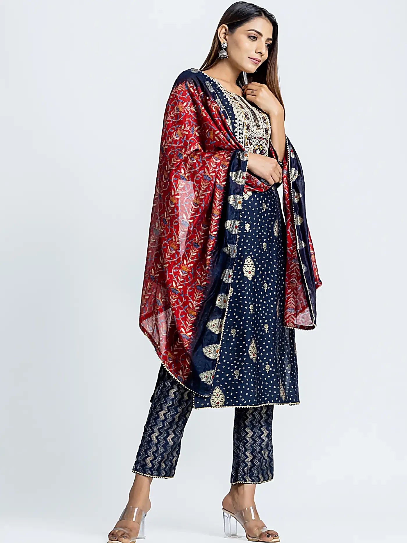 Blue Self Design Embroidered Muslin Suit