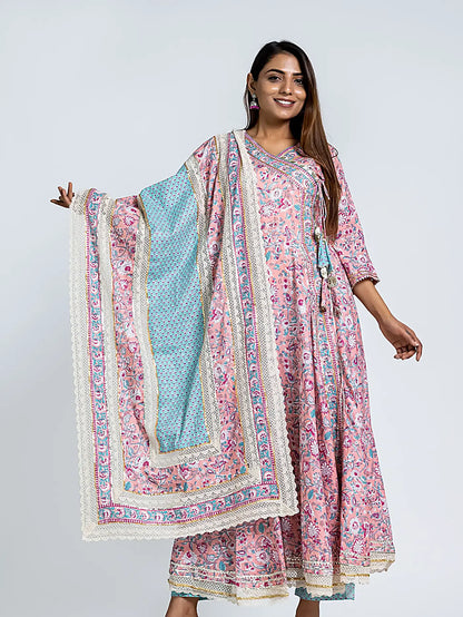 Pink Floral Gota Patti Angrakha Cotton Suit