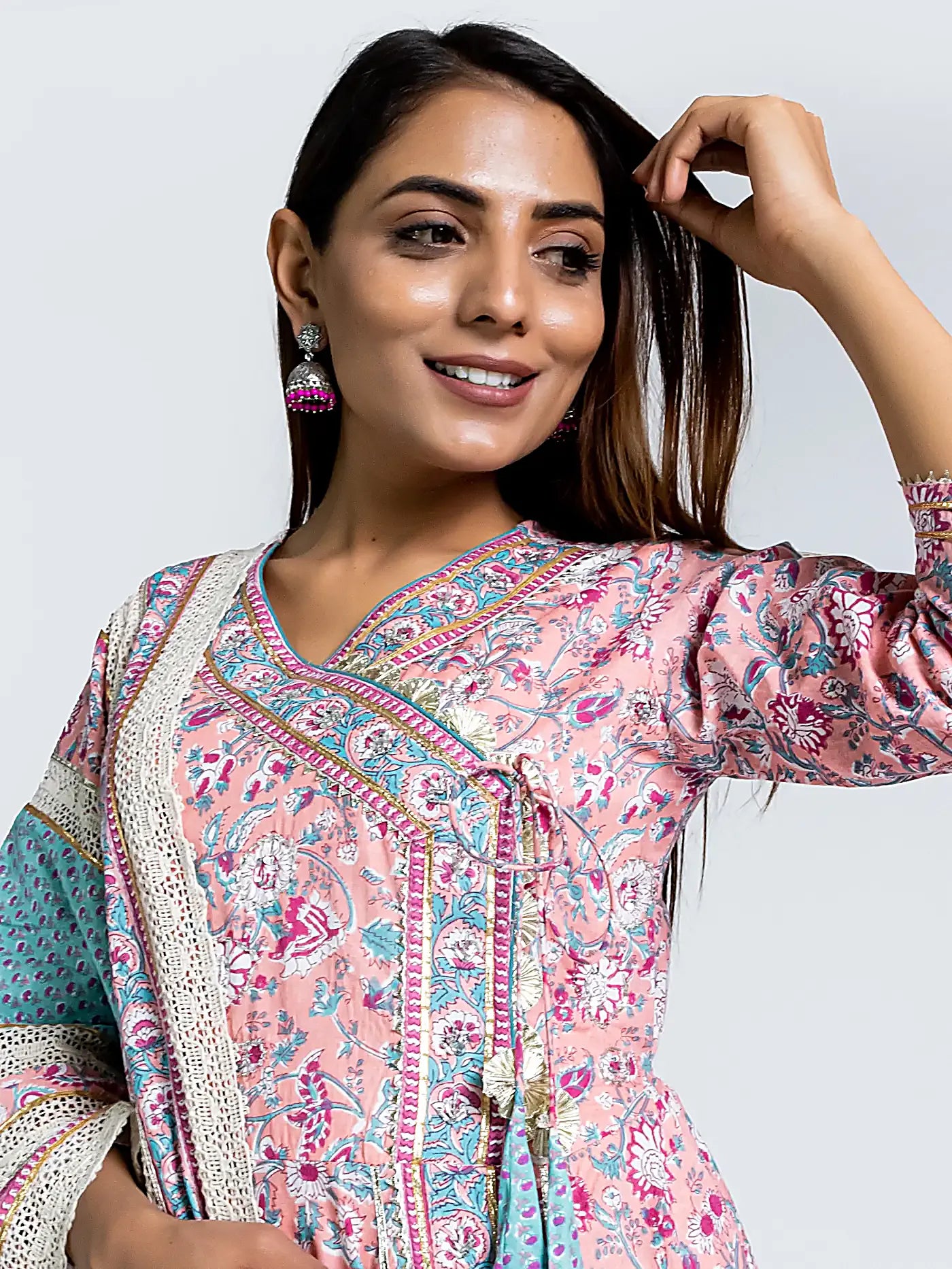 Pink Floral Gota Patti Angrakha Cotton Suit