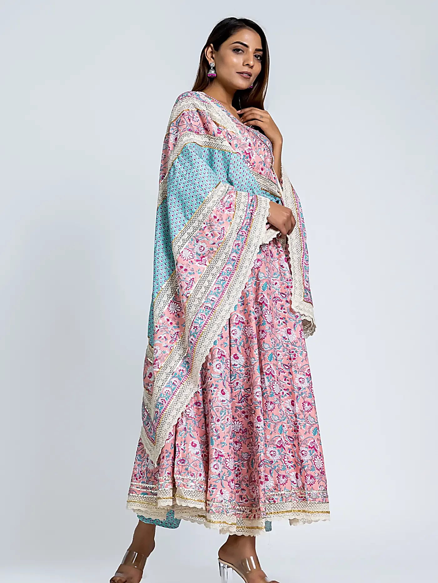 Pink Floral Gota Patti Angrakha Cotton Suit